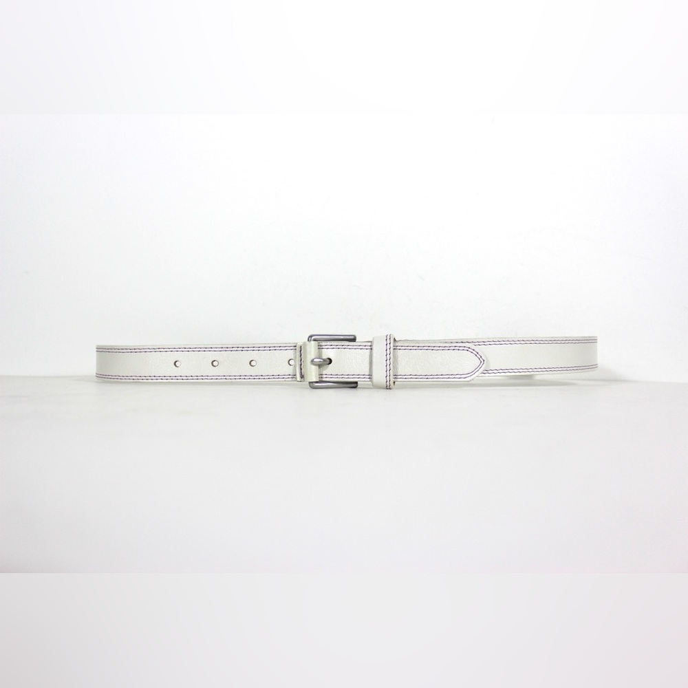 Pearlized White Narrow Leather Belt with Purple Mauve Topstitching Shimmer